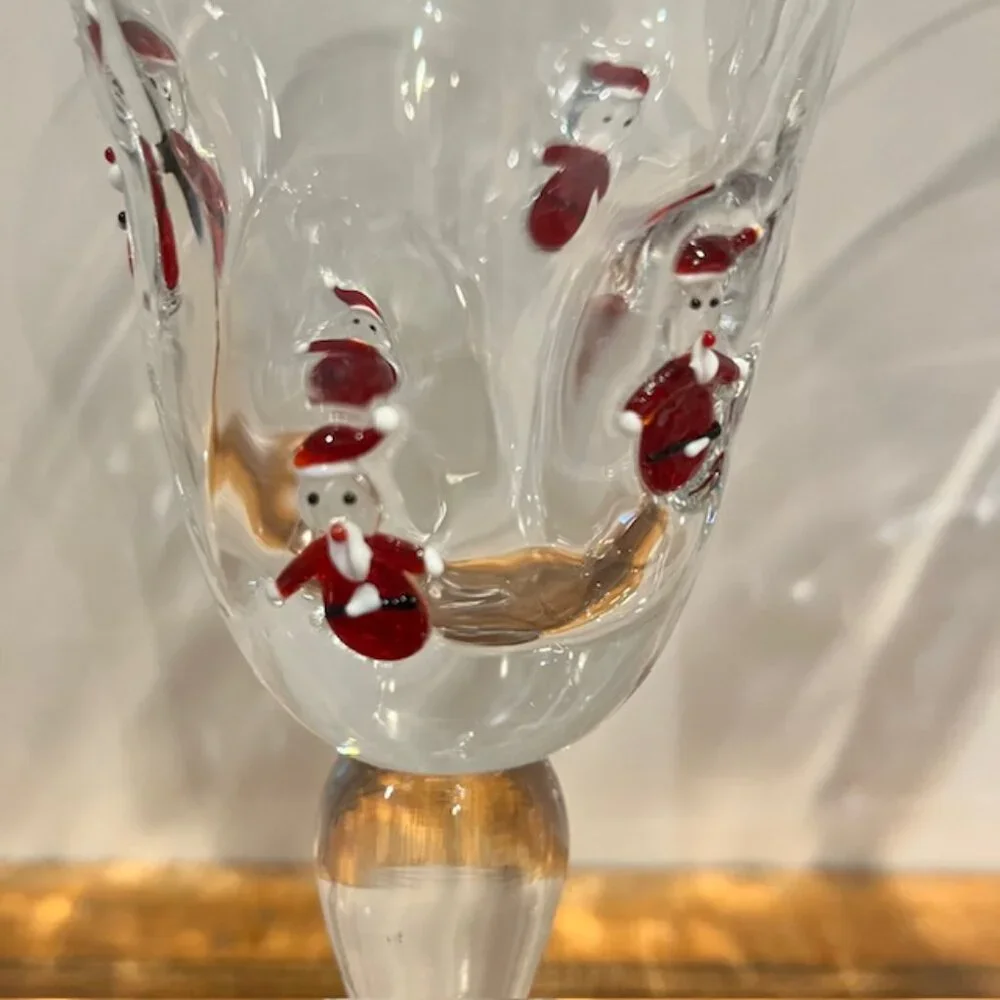 Set of (2) Crate & Barrel 8oz Blown Glass Fused Santa Wine Goblets Glasses